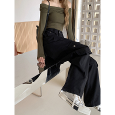 批发黑色高腰工装牛仔裤女<b class='q'>春</b>秋大码胖mm梨形身材口袋设计宽松显瘦长裤