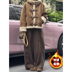 批发棕色毛呢阔腿裤 女款休闲磨毛裤大码今年流行梧桐裤