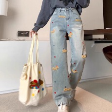 批发加绒刺绣小狗牛仔裤女微胖2025秋冬高腰显瘦阔腿裤拖地裤KX