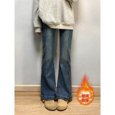 批发大码秋冬加绒加厚复古蓝微喇牛仔裤女弹力显瘦马蹄喇叭裤KX