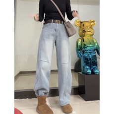 批发2026秋冬新款牛仔裤女大码显瘦窄版加绒直筒拖地裤遮肉减龄阔腿裤