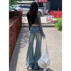 批发大码春秋直筒牛仔裤女不贴腿高腰弹力显瘦辣妹喇叭裤KX