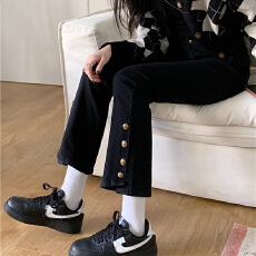 批发黑色微喇牛仔裤春秋胖mm梨形身材九分裤高腰显瘦小个子喇叭裤