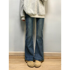批发复古蓝微喇牛仔裤女春秋大码胖mm弹力显瘦梨型身材马蹄喇叭裤