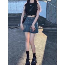 批发高腰牛仔百褶裙女<b class='q'>夏</b>季新款复古辣妹半身裙百搭A字短裙