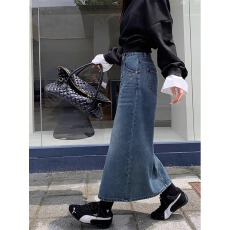 批发高腰开叉牛仔半身裙女胖mm遮肉显瘦中长款a字包臀裙子KX