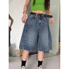 批发美式复古水洗阔腿牛仔裤夏新款流行爆款高腰直筒五分短裤 KX