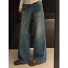 批发大码复古蓝设计感猫须纹牛仔裤女高腰美式复古水洗阔腿裤KX