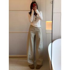 批发大码美式弯刀阔腿休闲牛仔裤女老钱风高腰垂感显瘦直筒裤KX