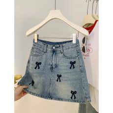 批发蝴蝶结刺绣设计弹力<b class='q'>牛仔</b>夏季女新款a字高腰显瘦包臀短裙子KX
