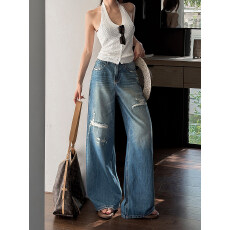 批发坤贤蓝复古破洞阔腿牛仔裤女2026春季新款宽松显瘦垂感拖地裤潮