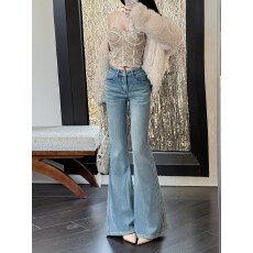 批发满天星烫钻休闲微喇叭牛仔裤女2026春季新款高腰小个子修身马蹄裤