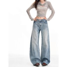 批发大码浅蓝色弯刀阔腿牛仔裤女水洗宽松显瘦百搭慵懒弯刀裤KX