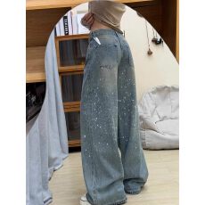 批发大码美式重工烫钻满天星牛仔裤女胖mm高腰宽松阔腿直筒裤KX