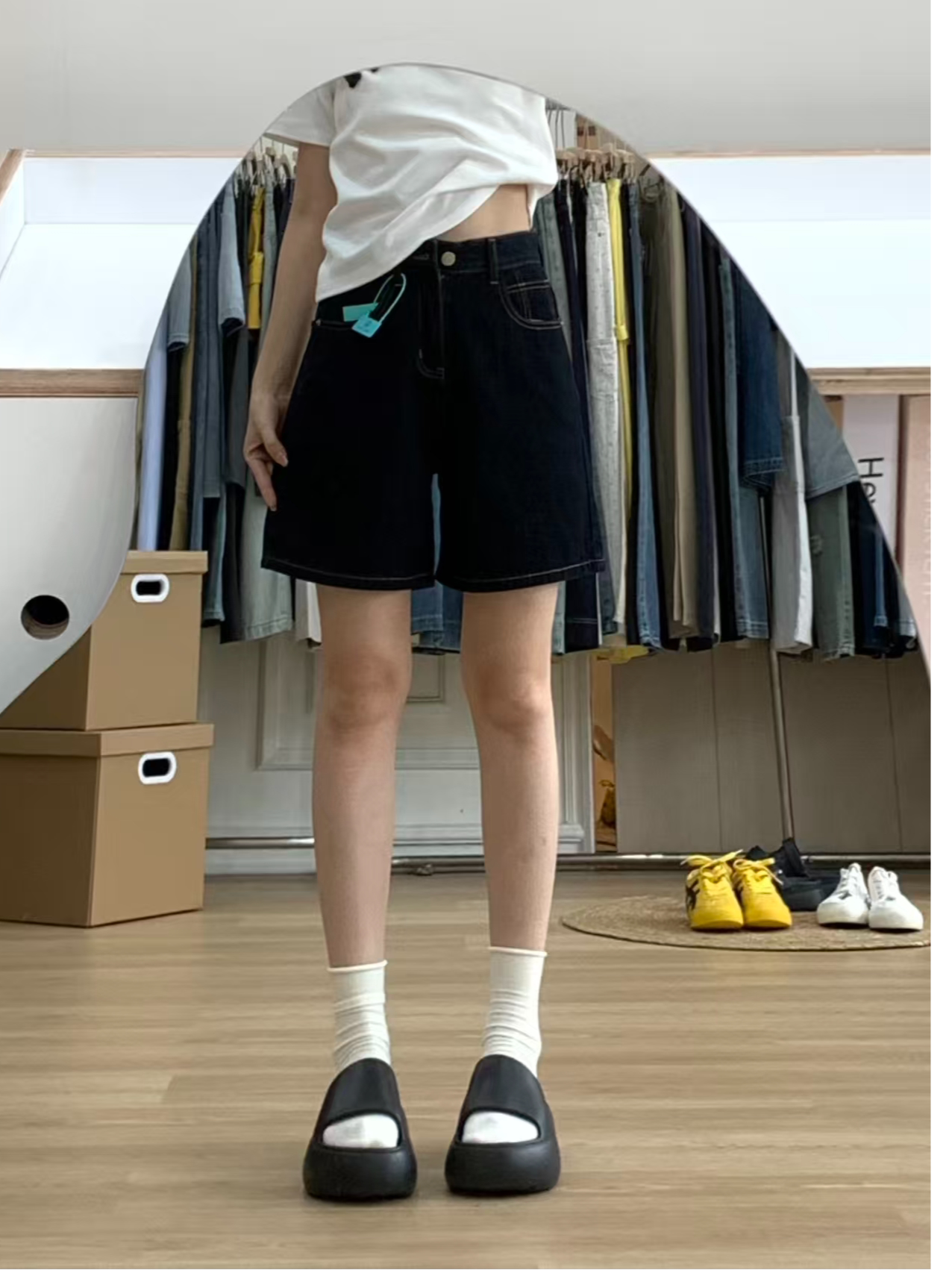 빅 사이즈 스트레이트 4 점 데님 반바지 여성 여름 얇은 스타일 한 마디 슬림해 보이는 4 점 와이드 레그 팬츠 kx
