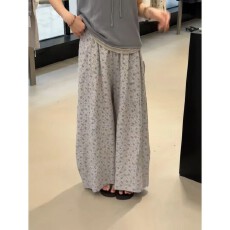 批发大码夏季韩系慵懒薄款碎花休闲裤女高腰老钱风弯刀气球裤KX
