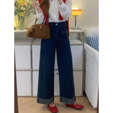 批发大码梨型气质百搭牛仔裤女秋季深蓝色弹力显瘦高腰牛仔裤KX