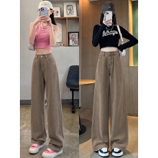 批发大码雾茶棕秋冬小个子牛仔裤女胖妹妹高腰显瘦弹力喇叭裤KX