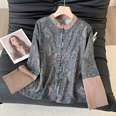 实拍2026春季文艺印花拼接撞色长袖宽松开衫衬衣立领盘扣衬衫女