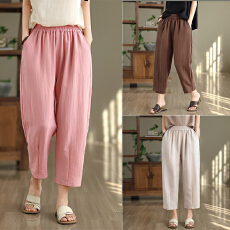 批发实拍棉麻<b class='q'>七分裤</b>女夏季薄款2025新款松紧腰夏天棉麻料<b class='q'>哈伦</b>裤