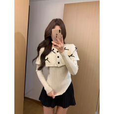 批发蝴蝶结高领麻花设计感毛衣外套+半身裙女秋冬季独特百褶裙