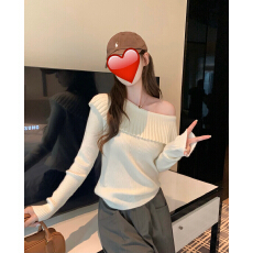 批发韩系氛围感穿搭露肩一字领设计针织衫女秋冬季高级感修身内搭毛衣