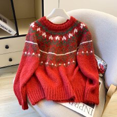 批发实拍  氛围感红色圣诞新年毛衣女冬季宽松慵懒休闲保暖针织上衣