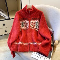 批发实拍费尔岛提花双拉链加厚毛衣外套女秋冬2026新款宽松复古针织衫