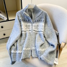 批发实拍费尔岛提花双拉链加厚毛衣外套女秋冬2026新款宽松复古针织衫