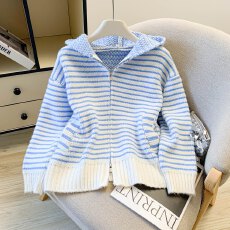 实拍  秋冬减龄软糯风连帽条纹毛衣女拉链开衫大毛领加厚针织外套