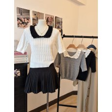 批发实拍 千<b class='q'>金</b>感miu系针织衫女夏短袖娃娃领减龄花边镂空上衣绝美T恤