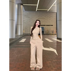 批发实拍实价~韩系时髦套装修身圆领高弹打底上衣+<b class='q'>蕾丝拼接</b>休闲长裤