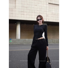 批发实拍实价~韩系时髦套装修身圆领高弹打底上衣+<b class='q'>蕾丝拼接</b>休闲长裤