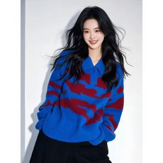 批发商场撤柜超好看内搭上衣宝蓝色撞色polo领宽松加厚针织毛衣女秋