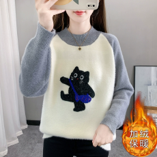 批发水貂绒毛衣女秋冬初中高中学生大<b class='q'>童</b>加绒加厚半高领套头打底衫