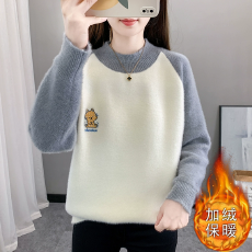 批发水貂绒毛衣女秋冬初中高中学生大<b class='q'>童</b>加绒加厚半高领套头打底衫