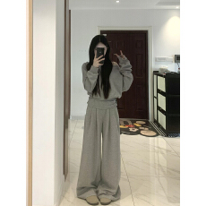 批发韩系早秋穿搭时尚洋气高级感斜肩卫衣阔腿裤休闲运费两件套