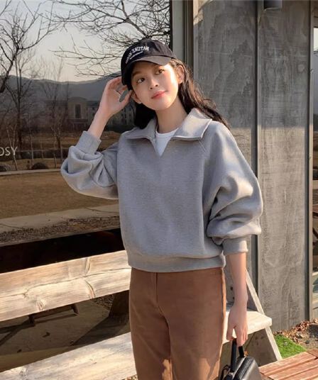후아 면 복합 320 그램 한국 chic 가을 작은 대중 고급 센스 폴로 칼라 후드티 여성