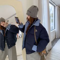 批发实拍# 橘子树在哪<b class='q'>假两件</b>格子拼接棉服外套女冬季设计感宽松面包服