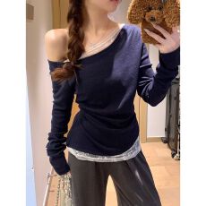 批发<b class='q'>韩国</b>外贸新款  一字肩斜肩<b class='q'>蕾丝</b>上衣高级感假两件短款长袖t恤女秋