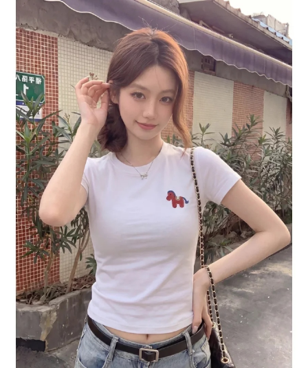 신축성 몸매 가꾸기 쇼트 스타일 반팔 티셔츠 여름 라운드 넥 긍정적 인 어깨 작은 맨위 아메리칸 레트로 핫걸 프린트 달콤한 다용도