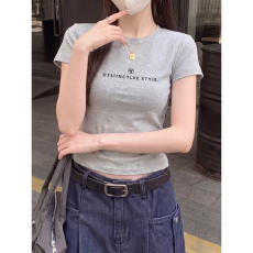 批发弹力修身短款<b class='q'>短袖</b>T恤夏季圆领正肩小上衣美式复古辣妹印花甜百搭