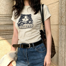 批发弹力修身短款短袖<b class='q'>T</b><b class='q'>恤</b>夏季圆领正肩小上衣美式复古辣妹印花甜百搭