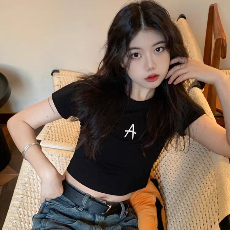 아메리칸 레트로 핫걸 아메리칸 프린트 쇼트 스타일 티셔츠 여성 여름 반팔 작은 키 맨위 이슬 뼈의