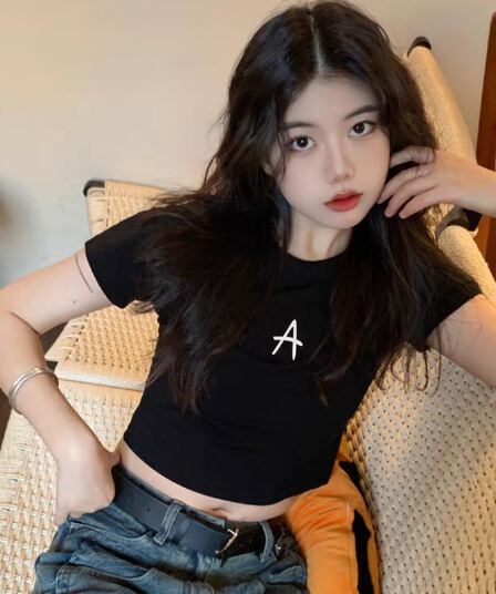 아메리칸 레트로 핫걸 아메리칸 프린트 쇼트 스타일 티셔츠 여성 여름 반팔 작은 키 맨위 이슬 뼈의