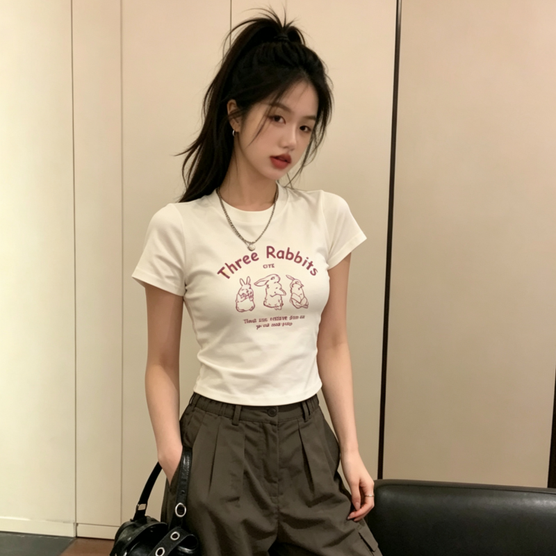 아메리칸 레트로 핫걸 아메리칸 프린트 쇼트 스타일 티셔츠 여성 여름 반팔 작은 키 맨위 이슬 뼈의
