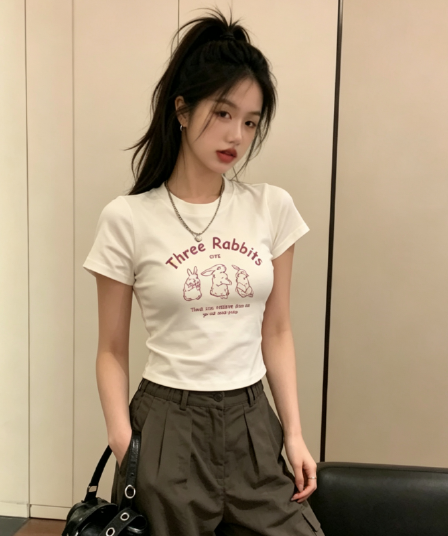 아메리칸 레트로 핫걸 아메리칸 프린트 쇼트 스타일 티셔츠 여성 여름 반팔 작은 키 맨위 이슬 뼈의