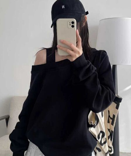 2026 한국 새로운 후아 면 복합 느긋한 바람 오프숄더 긴팔 슬림해 보이는 Chic 비스듬한 어깨 의류