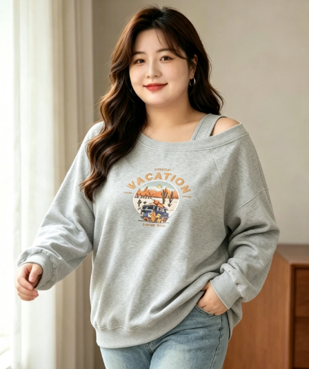 디자인 센스 Chic 오프숄더 비스듬한 어깨 가을 겨울 의류 후드티 느긋한 바람 프린트 여성 긴 소매 루즈핏 빅 사이즈 여성 의류