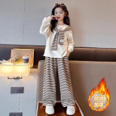 批发新氧棉+6535 女童春秋洋气套装韩版新款中大童条纹<b class='q'>裤</b>休闲两件套
